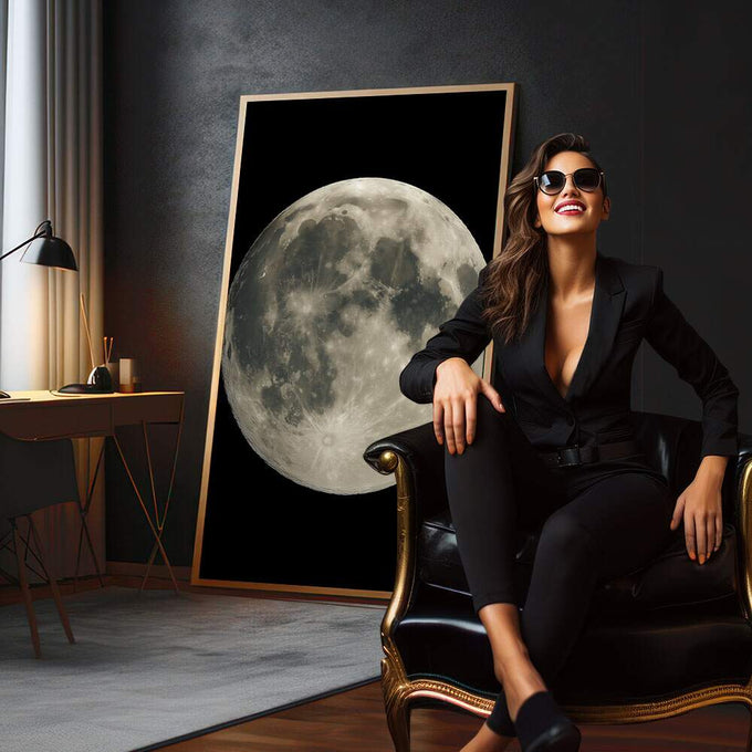 Quadro Decorativo Encanto Lunar da Luz da Lua | quadros decorativos para sala | Lua cheia detalhada em cinza e branco contra fundo preto do espaço | em Quadros para Sala | Porao dos Quadros