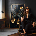 Quadro Decorativo Beldade da Borboleta Abstrata | quadros decorativos para sala | Borboleta azul e negra com flores douradas em fundo preto sofisticado | em Quadros para Sala | Porao dos Quadros