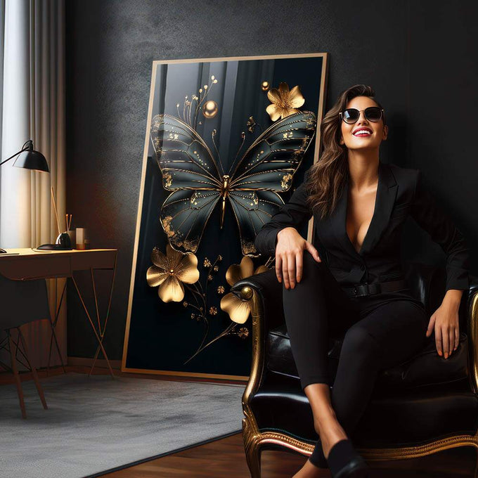 Quadro Decorativo Beldade da Borboleta Abstrata | quadros decorativos para sala | Borboleta azul e negra com flores douradas em fundo preto sofisticado | em Quadros para Sala | Porao dos Quadros