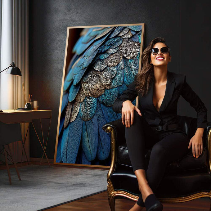 Quadro Decorativo Penas Azuis Elegantes | quadros decorativos para sala | Plumagem de arara em azul turquesa e bege com textura de macro fotografia detalhada | em Quadros para Sala | Porao dos Quadros
