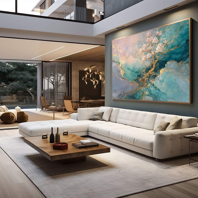 Quadro Decorativo Árvore da Vida Colorida | quadros decorativos para sala | Paisagem abstrata em tons azuis, turquesas e dourados com composição etérea e luminosa | em Quadros para Sala | Porao dos Quadros