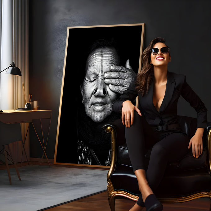 Retrato em preto e branco de mulher idosa de olhos fechados com a mão sobre o rosto, quadro decorativo