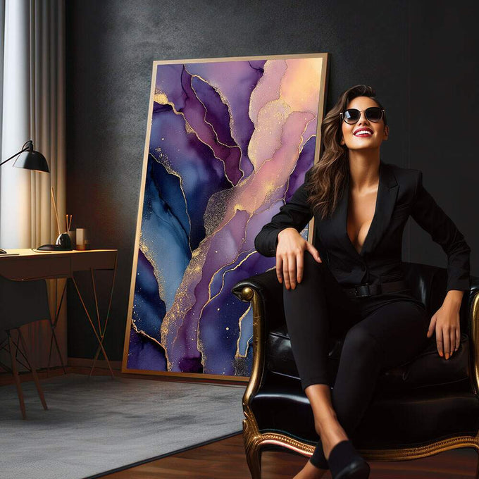 Quadro Decorativo Abstrato Dourado e Azul | quadros decorativos para sala | Geodos abstratos em roxo, azul e dourado com veios luminosos em composição vertical | em Quadros para Sala | Porao dos Quadros