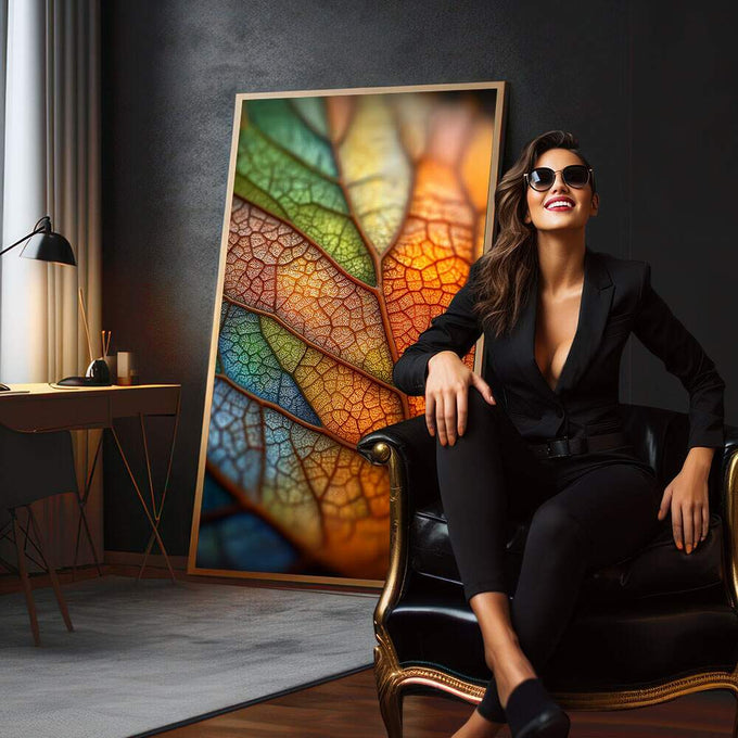 Quadro Decorativo Folhas Vibrantes | quadros decorativos para sala | Folhas coloridas com luz natural em tons laranja, verde, azul e bege translúcidos. | em Quadros para Sala | Porao dos Quadros