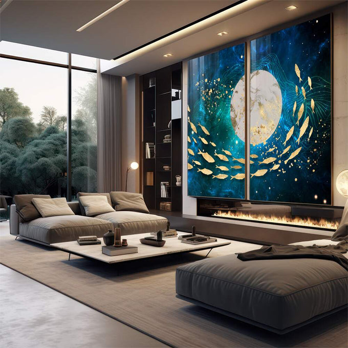 Quadro Decorativo Arte Cósmica Peixes Estelares - Encante-se | quadros decorativos para sala | Lua branca com peixes dourados em movimento entre águas azul profundo e noturno | em Quadros para Sala | Porao dos Quadros