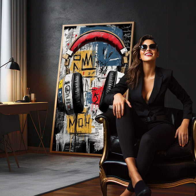 Quadro Decorativo Fones Urbanos Vibrantes | quadros decorativos para sala | Fones de ouvido street art em preto, vermelho, azul e amarelo com grafismos urbanos. | em Quadros para Sala | Porao dos Quadros