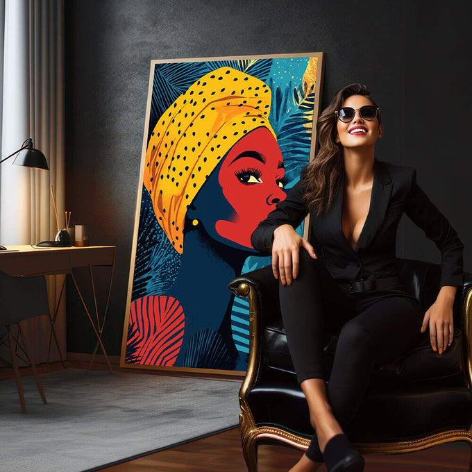 Quadro Decorativo Empoderamento Feminino em Cores Vibrantes | quadros decorativos para sala | Mulher africana com turbante laranja, rosto vermelho, folhas azuis e douradas ao fundo. | em Quadros para Sala | Porao dos Quadros