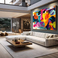 Quadro Decorativo - Retrato Abstrato da Emoção Vibrante | quadros decorativos para sala | Rosto abstrato com cores vibrantes em pop art com texturas geométricas e olhos expressivos. | em Quadros para Sala | Porao dos Quadros