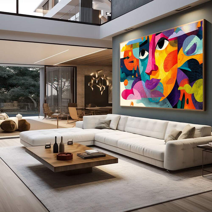 Quadro Decorativo - Retrato Abstrato da Emoção Vibrante | quadros decorativos para sala | Rosto abstrato com cores vibrantes em pop art com texturas geométricas e olhos expressivos. | em Quadros para Sala | Porao dos Quadros