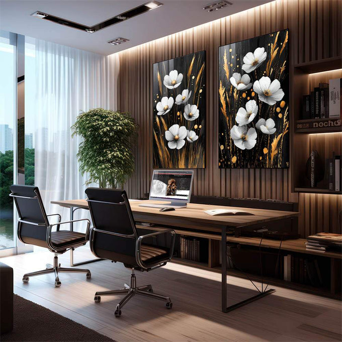 Quadro Decorativo Dupla Magnífica de Flores  Um Toque de Natureza | quadros decorativos para sala | Flores brancas com estames dourados em hastes contra fundo preto profundo, composição equilibrada em 2 telas | em Quadros para Sala | Porao dos Quadros