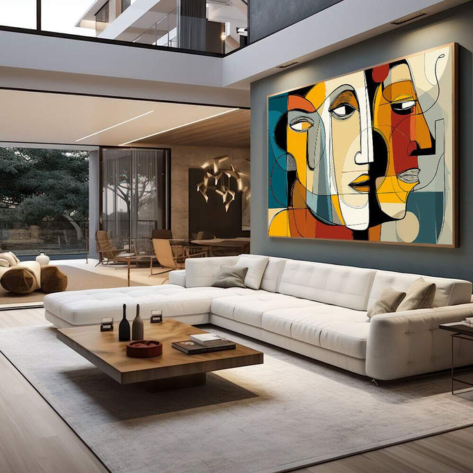 Quadro Decorativo Abstrato do Diálogo Silencioso | quadros decorativos para sala | Composição abstrata com múltiplos rostos cubistas em laranja, azul e preto entrelaçados. | em Quadros para Sala | Porao dos Quadros