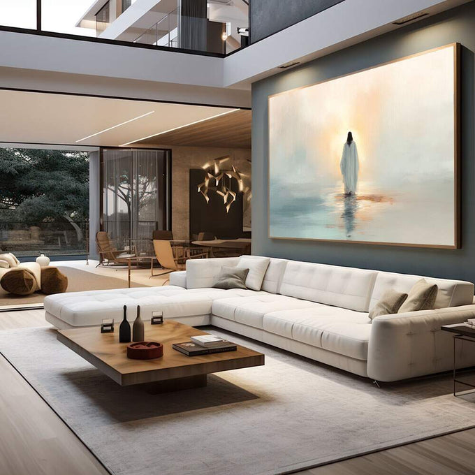 Quadro Decorativo Reflexo Etéreo | quadros decorativos para sala | Figura em branco na água sob amanhecer dourado com neblina azulada ao fundo | em Quadros para Sala | Porao dos Quadros
