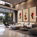 Quadro Decorativo Geométrico Vibrante | quadros decorativos para sala | Três painéis com círculos vermelhos, formas pretas e linhas geométricas em composição abstrata equilibrada. | em Quadros para Sala | Porao dos Quadros