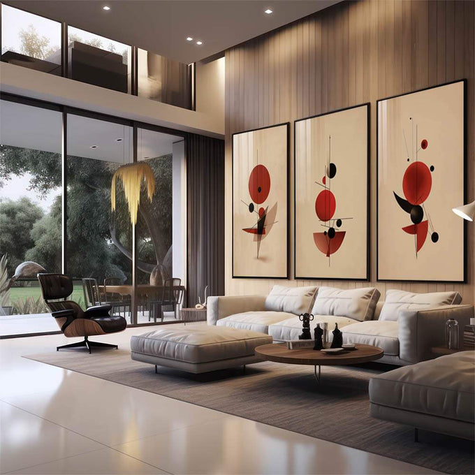Quadro Decorativo Geométrico Vibrante | quadros decorativos para sala | Três painéis com círculos vermelhos, formas pretas e linhas geométricas em composição abstrata equilibrada. | em Quadros para Sala | Porao dos Quadros