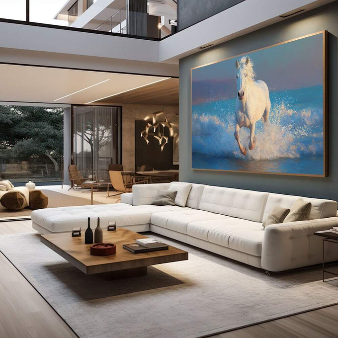 Quadro Decorativo Cavalo Branco em Liberdade | quadros decorativos para sala | Cavalo branco majestoso galopando nas águas com respingos de espuma sob luz azul. | em Quadros para Sala | Porao dos Quadros