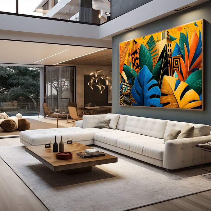 Quadro Decorativo Harmonia Urbana Vibrante | quadros decorativos para sala | Folhas abstratas em azul, amarelo e laranja com elementos de arquitetura em composição vibrante vertical | em Quadros para Sala | Porao dos Quadros