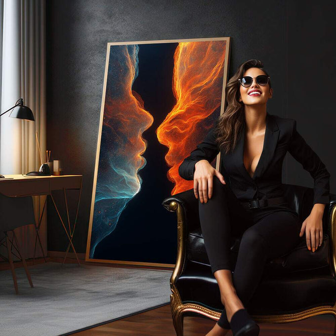 Quadro Decorativo Dualidade Azul e Laranja | quadros decorativos para sala | Dois perfis em chamas laranja e gelo azul confrontam-se sobre fundo negro em composição de contraste dinâmico. | em Quadros para Sala | Porao dos Quadros