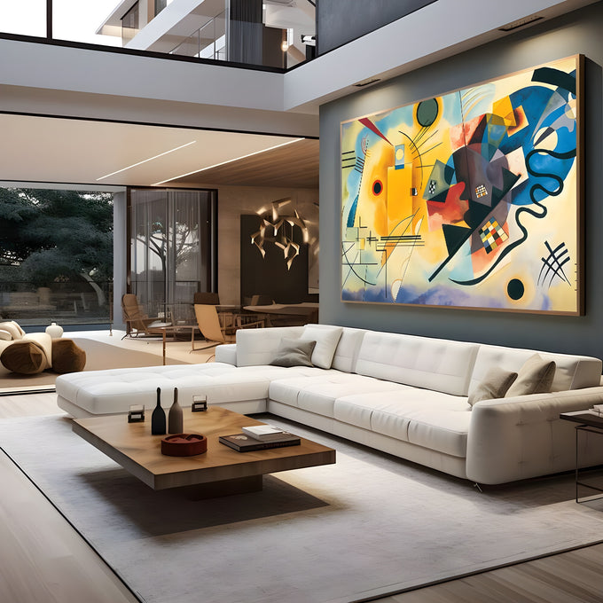 Pintura abstrata de Kandinsky com formas geométricas em amarelo, vermelho e azul, quadro decorativo