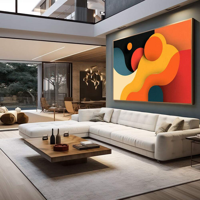 Quadro Decorativo Abstração de Pura Energia | quadros decorativos para sala | Composição abstrata com formas fluidas em laranja, amarelo, vermelho e azul | em Quadros para Sala | Porao dos Quadros