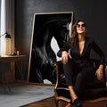 Quadro Decorativo Cavalo Elegante em Preto e Branco | quadros decorativos para sala | Cavalo preto majestoso em perfil com crina ao vento contra fundo branco. | em Quadros para Sala | Porao dos Quadros
