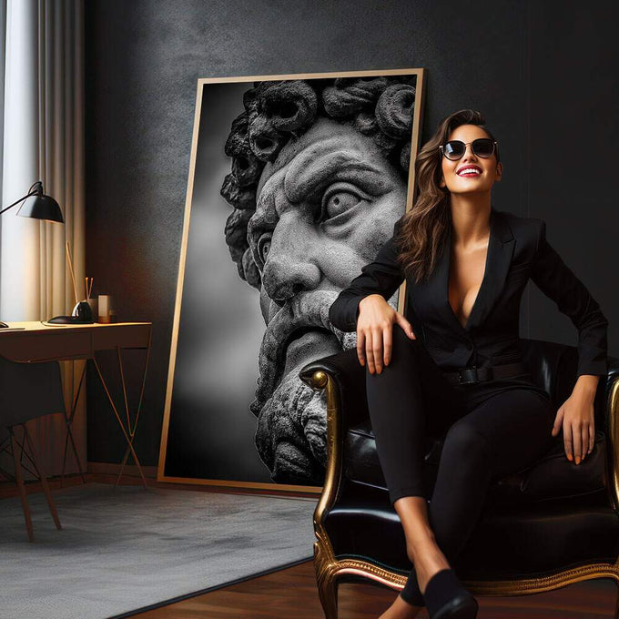 Quadro Decorativo Busto Clássico Preto e Branco | quadros decorativos para sala | Busto clássico em preto e branco com detalhes de barba encaracolada e feições nobres em iluminação teatral. | em Quadros para Sala | Porao dos Quadros