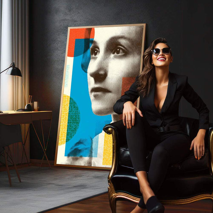 Quadro Decorativo Reflexo Monocromático Vibrante | quadros decorativos para sala | Rosto feminino em cinza com formas geométricas em azul, laranja e amarelo vibrantes em composição moderna. | em Quadros para Sala | Porao dos Quadros