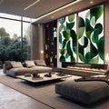 Quadro Decorativo Geometria Verde | quadros decorativos para sala | Composição abstrata com formas geométricas em múltiplos tons de verde sobre fundo branco | em Quadros para Sala | Porao dos Quadros