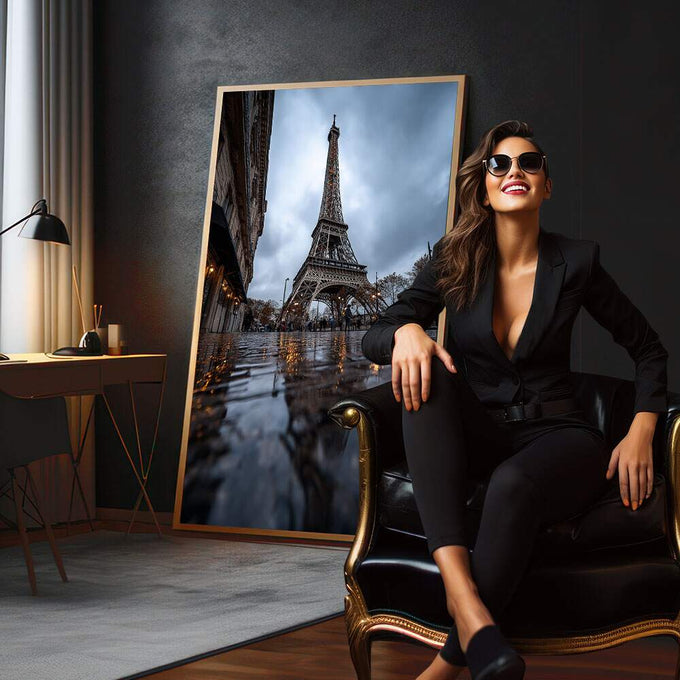 Quadro Decorativo Torre Eiffel Nostálgica | quadros decorativos para sala | Torre Eiffel molhada na chuva com reflexos em água sob céu cinzento | em Quadros para Sala | Porao dos Quadros
