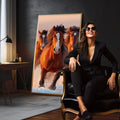 Quadro Decorativo Cavalos em Liberdade | quadros decorativos para sala | Cavalos marrom-avermelhados galopando na praia contra pôr do sol dramatico | em Quadros para Sala | Porao dos Quadros
