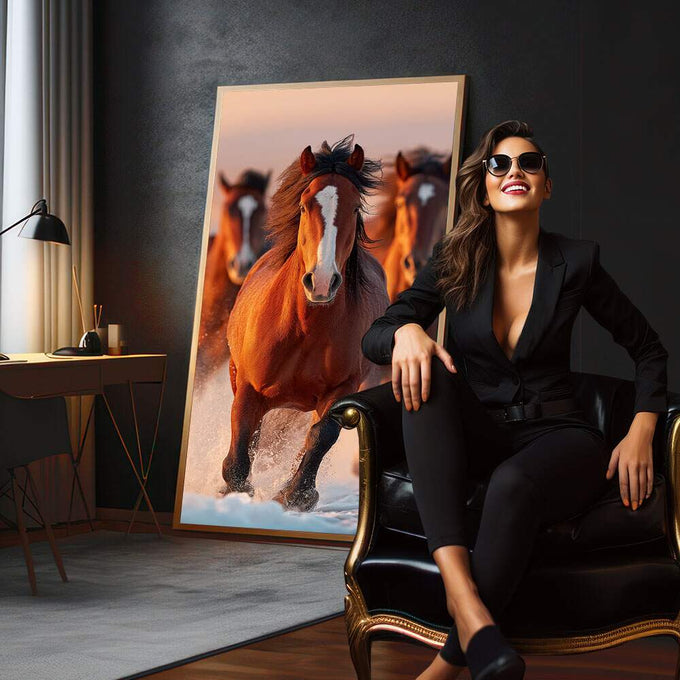 Quadro Decorativo Cavalos em Liberdade | quadros decorativos para sala | Cavalos marrom-avermelhados galopando na praia contra pôr do sol dramatico | em Quadros para Sala | Porao dos Quadros