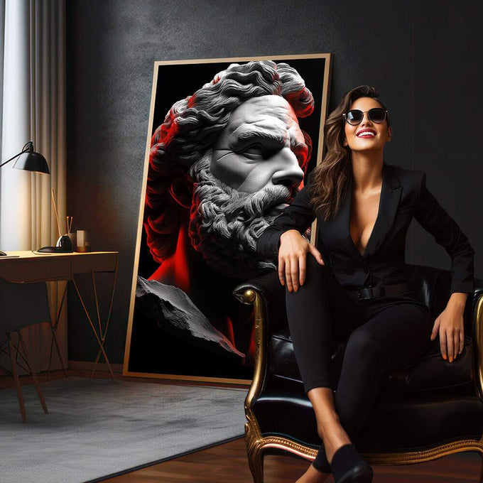 Quadro Decorativo Energia da Dualidade | quadros decorativos para sala | Busto clássico em perfil com detalhes vermelhos em contraste preto e cinza | em Quadros para Sala | Porao dos Quadros