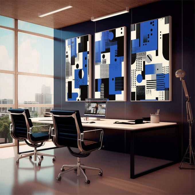 Quadro Decorativo Geométrico Abstrato - Três Painéis Modernos | quadros decorativos para sala | Triptco com composição geométrica abstrata em azul, preto e branco com círculos e linhas | em Quadros para Sala | Porao dos Quadros