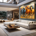 Cavalos em Movimento - Quadro Decorativo | quadros decorativos para sala | Quatro cavalos em tons de ouro, laranja e azul galopando dinamicamente em composição realista com movimento. | em Quadros para Sala | Porao dos Quadros