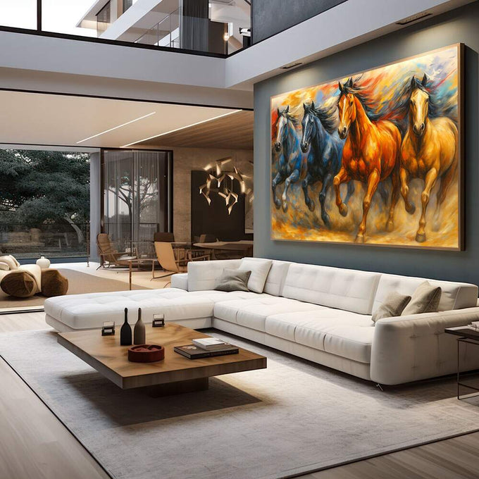 Cavalos em Movimento - Quadro Decorativo | quadros decorativos para sala | Quatro cavalos em tons de ouro, laranja e azul galopando dinamicamente em composição realista com movimento. | em Quadros para Sala | Porao dos Quadros
