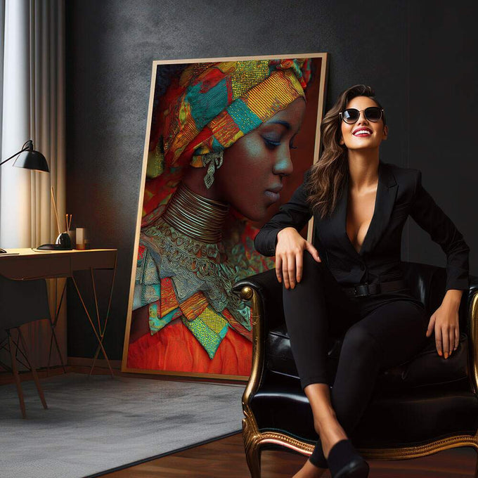 Quadro Decorativo Retrato Feminino Vibrante | quadros decorativos para sala | Mulher africana em perfil com adornos coloridos, padrões geométricos e detalhes em dourado | em Quadros para Sala | Porao dos Quadros