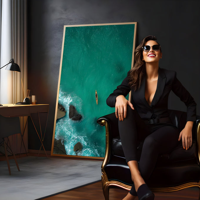 Vista aérea de caiaque em mar verde esmeralda com rochas e espuma de ondas, quadro decorativo