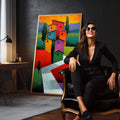 Quadro Decorativo Jornada das Casas Vibrante | quadros decorativos para sala | Casarões coloridos em laranja, rosa e amarelo com paisagem de céu degradê e ciprestes verdes | em Quadros para Sala | Porao dos Quadros
