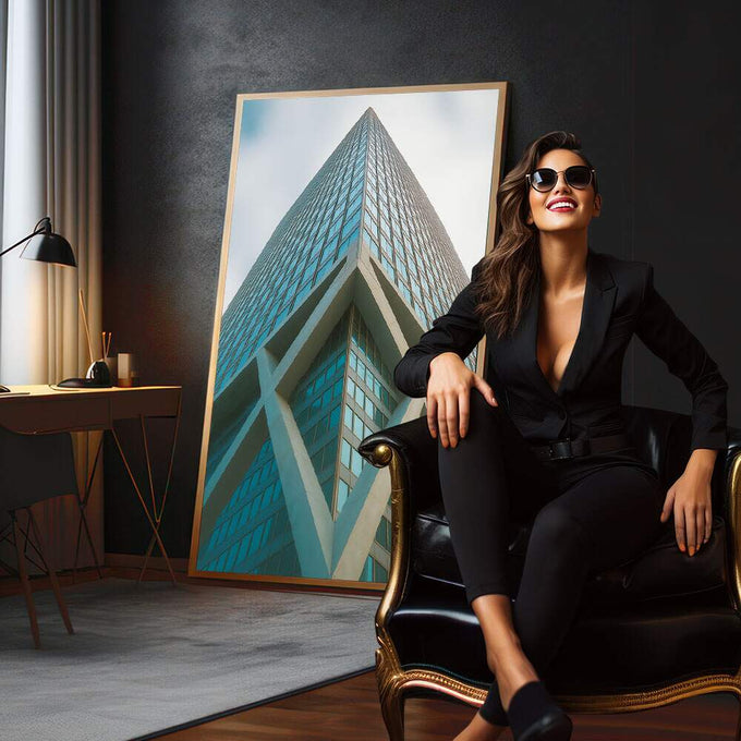 Quadro Decorativo Reflexos do Futuro Imponente | quadros decorativos para sala | Edifício moderno em perspectiva ascendente com fachada azul vidrada e estrutura geométrica branca | em Quadros para Sala | Porao dos Quadros