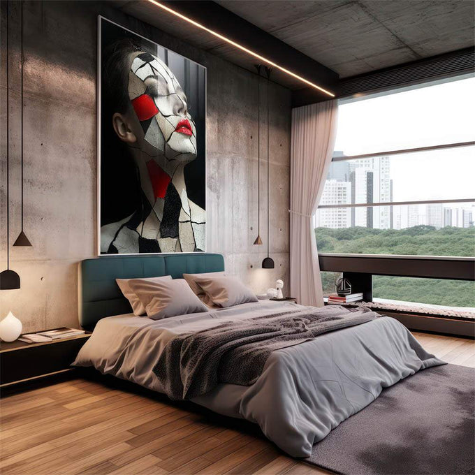 Mosaico da Alma: Quadro Feminino em Fragmentos | quadros decorativos para sala | Rosto geométrico de perfil em tons cinza com detalhes vermelhos vibrantes nos olhos e boca | em Quadros para Sala | Porao dos Quadros
