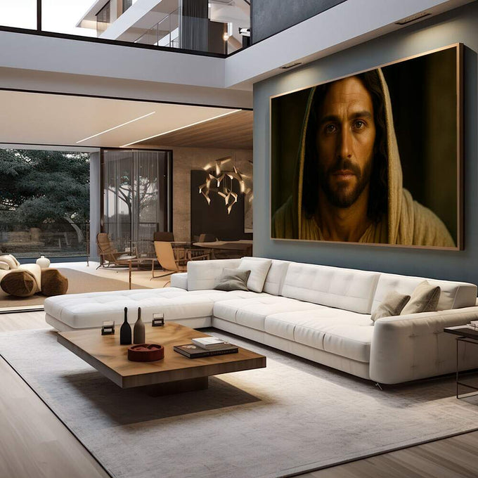 Quadro Decorativo Reflexão com Toque Serene | quadros decorativos para sala | Homem com túnica amarela e barba sobre fundo verde em estilo realista contemplativo | em Quadros para Sala | Porao dos Quadros