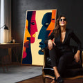 Quadro Decorativo Diálogo dos Sentidos | quadros decorativos para sala | Quatro perfis de rostos em laranja, azul, rosa e amarelo com composição geométrica abstrata | em Quadros para Sala | Porao dos Quadros