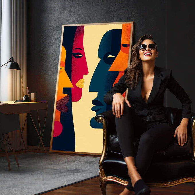 Quadro Decorativo Diálogo dos Sentidos | quadros decorativos para sala | Quatro perfis de rostos em laranja, azul, rosa e amarelo com composição geométrica abstrata | em Quadros para Sala | Porao dos Quadros