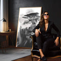 Quadro Decorativo Leão e Natureza | quadros decorativos para sala | Leão em preto e branco com silhueta de árvore em dupla exposição artística | em Quadros para Sala | Porao dos Quadros