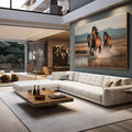 Quadro Decorativo Cavalos Galopando Livres | quadros decorativos para sala | Três cavalos selvagens em galope pela água com luz dourada ao fundo montanhoso. | em Quadros para Sala | Porao dos Quadros