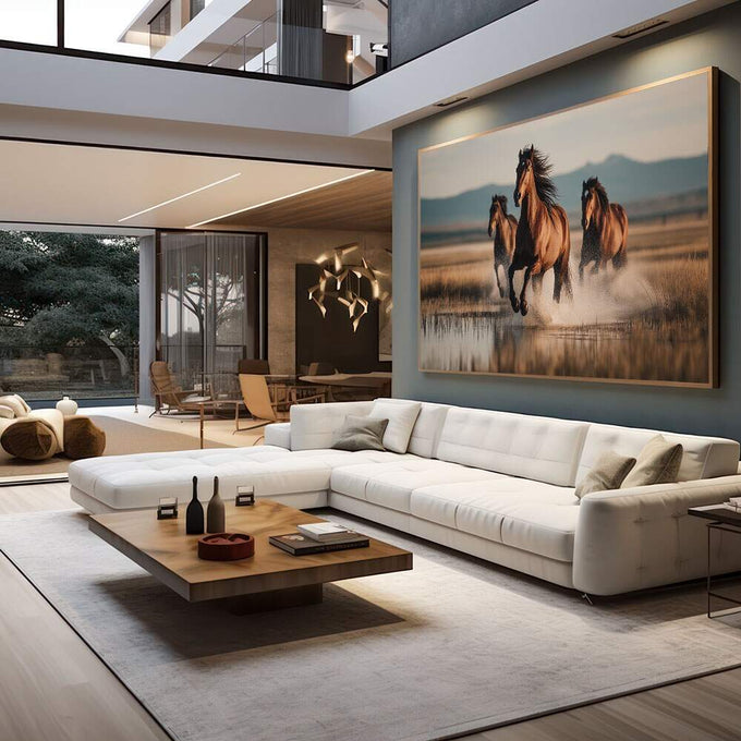 Quadro Decorativo Cavalos Galopando Livres | quadros decorativos para sala | Três cavalos selvagens em galope pela água com luz dourada ao fundo montanhoso. | em Quadros para Sala | Porao dos Quadros