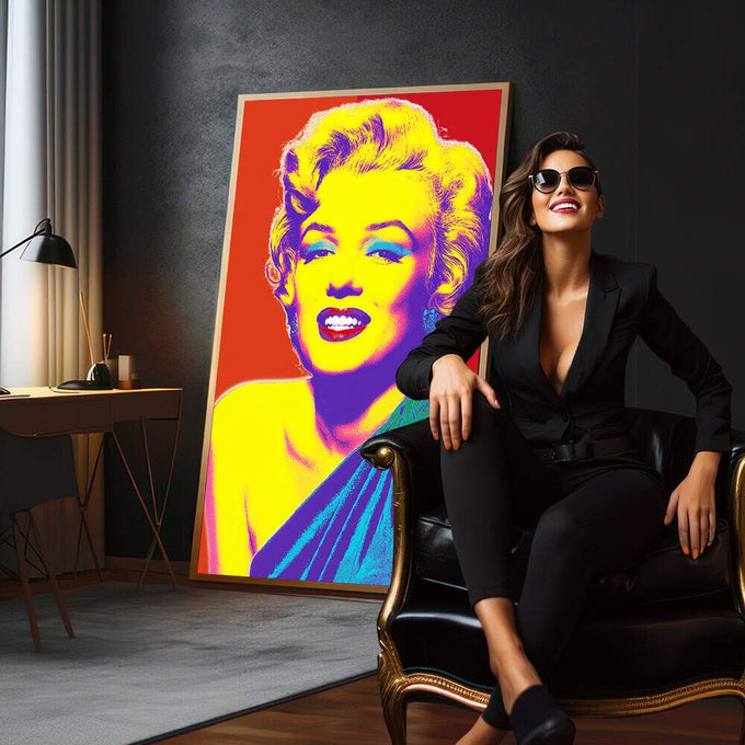 Quadro Decorativo - Marilyn Monroe Pop Arte | quadros decorativos para sala | Retrato em Pop Art com cores vibrantes amarelo, roxo e vermelho em composição vertical | em Quadros para Sala | Porao dos Quadros