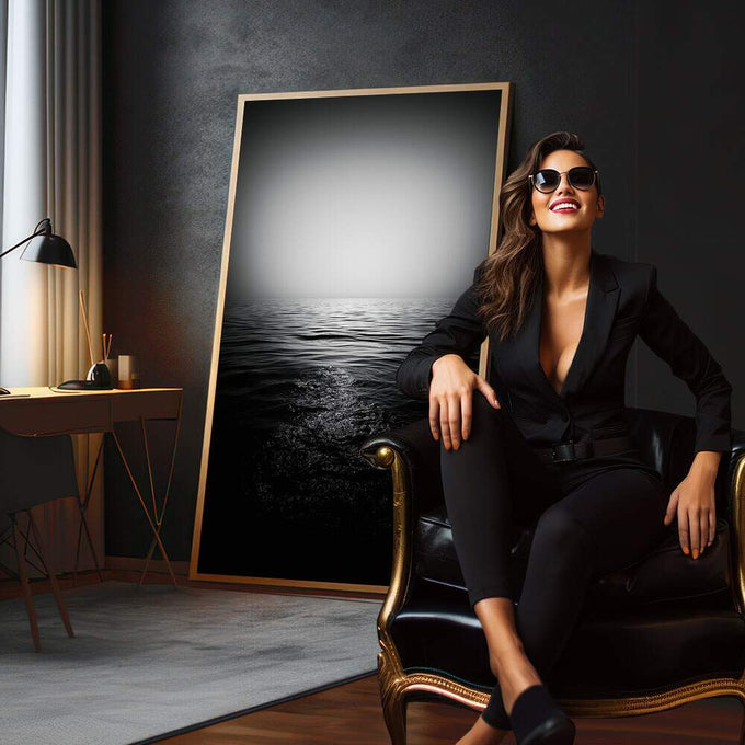 Quadro Decorativo Serenidade em Preto e Branco | quadros decorativos para sala | Horizonte lunar com reflexo em águas calmas em composição minimalista preto e branco | em Quadros para Sala | Porao dos Quadros
