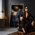 Quadro Decorativo Face Abstrata Dourada | quadros decorativos para sala | Rosto texturizado em preto e dourado com efeito craquelado e detalhes luminosos | em Quadros para Sala | Porao dos Quadros
