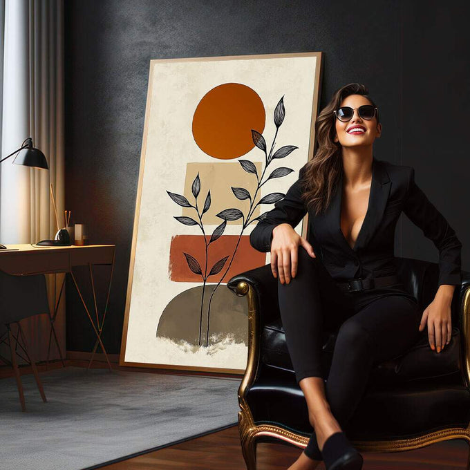 Quadro Decorativo Geometria com Aconchego | quadros decorativos para sala | Planta delicada com folhas em formas geométricas, sol laranja e bases cinza em composição minimalista. | em Quadros para Sala | Porao dos Quadros