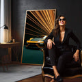 Quadro Decorativo Carro Adrenalina em Movimento | quadros decorativos para sala | Porsche dourado com luzes abstratas em movimento e fundo verde escuro | em Quadros para Sala | Porao dos Quadros